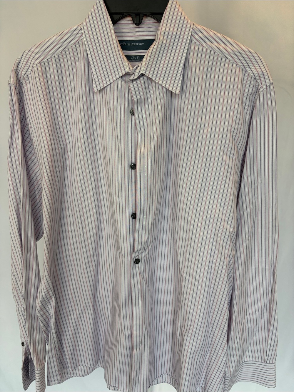 Perry Ellis Navy, Lavender and White Stripe Dress Shirt-XL
